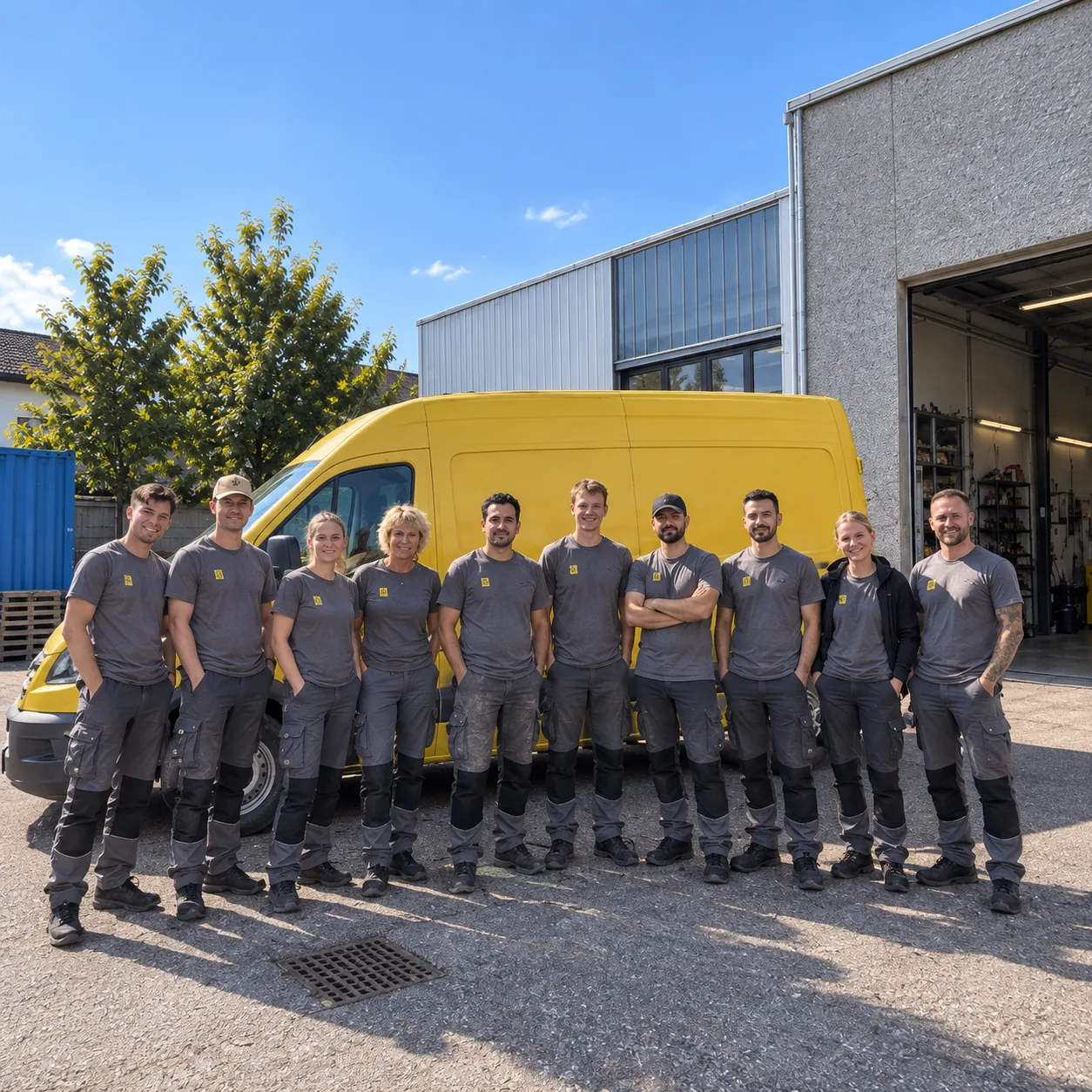 Wasaf Al Asaf, Nikolas Hartdegen und das Team von AH Räumservice Filstal vor dem Einsatzfahrzeug